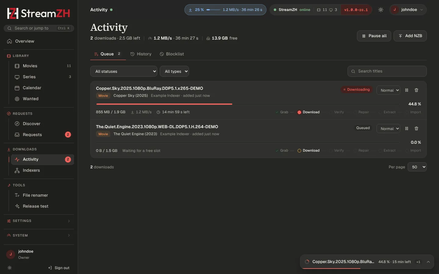 Activity: one download running, one waiting