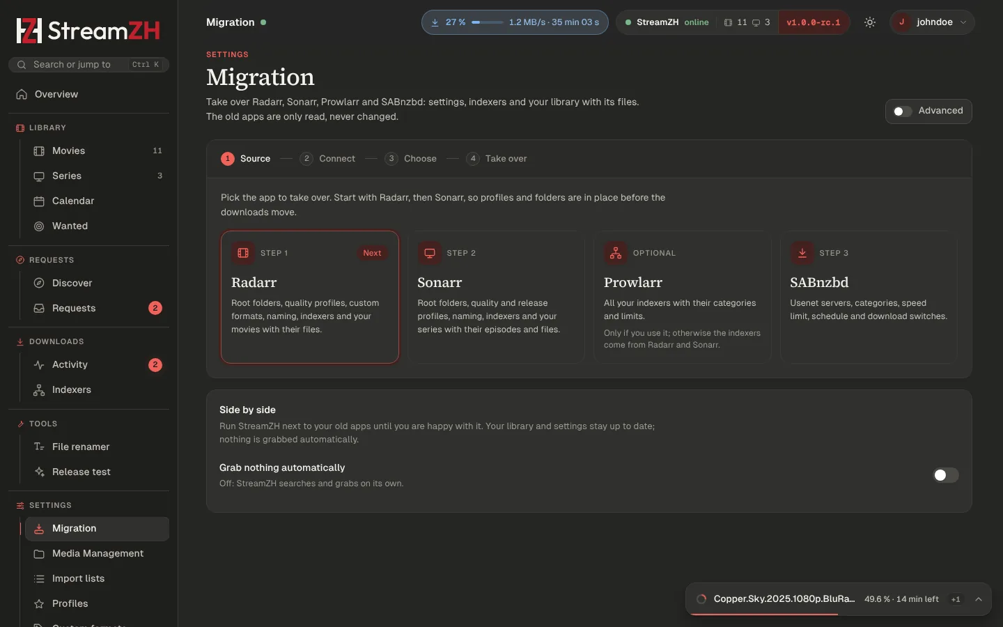 The first step of the migration wizard