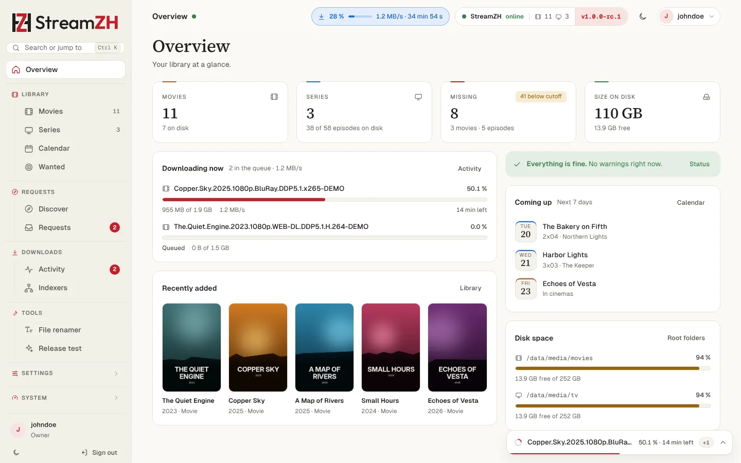 The Overview: downloads, warnings, the next 7 days and disk space